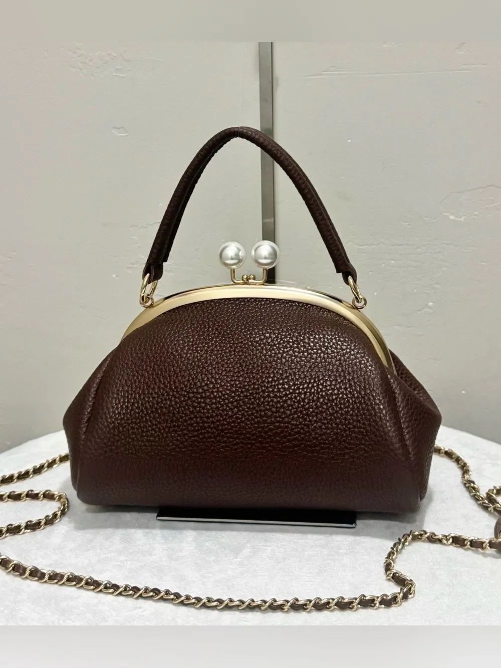 Brown Togo Cowhide Handmade “Pearl” Kisslock Frame Clutch Bag, Multi Use Style